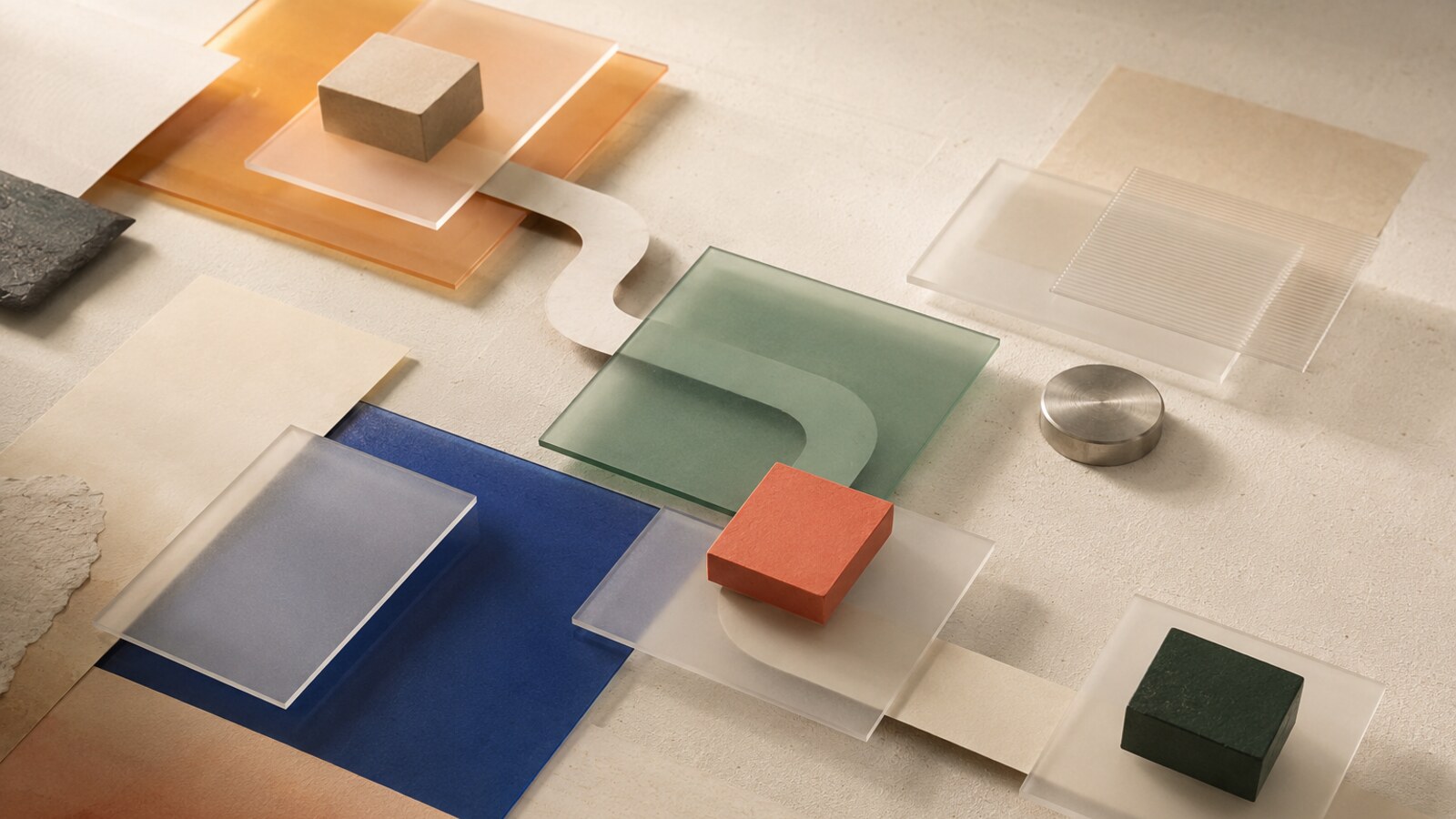 Layered translucent forms connected across a warm surface.