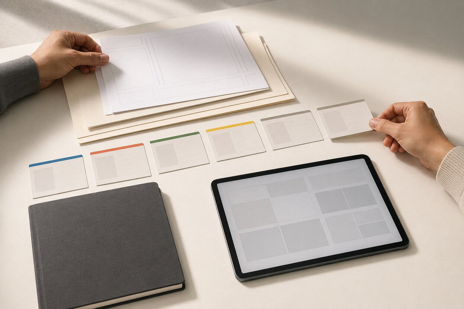 Hands arranging neutral cards, documents, and a tablet into a structured workflow.