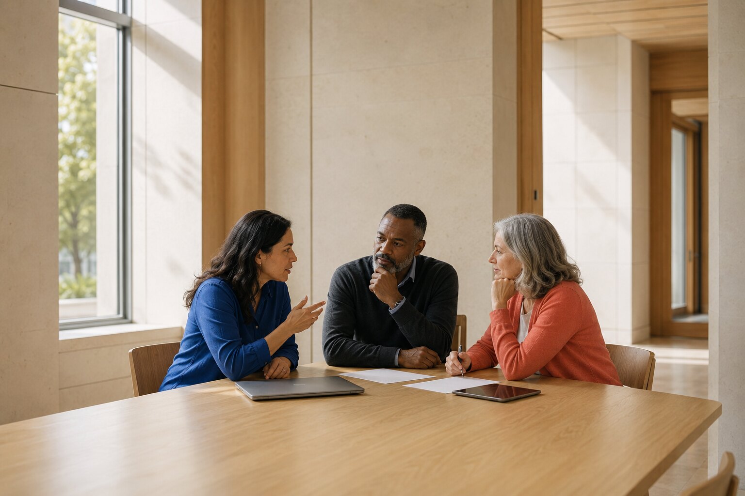 Three adult admissions and operations professionals in a focused conversation at a table.