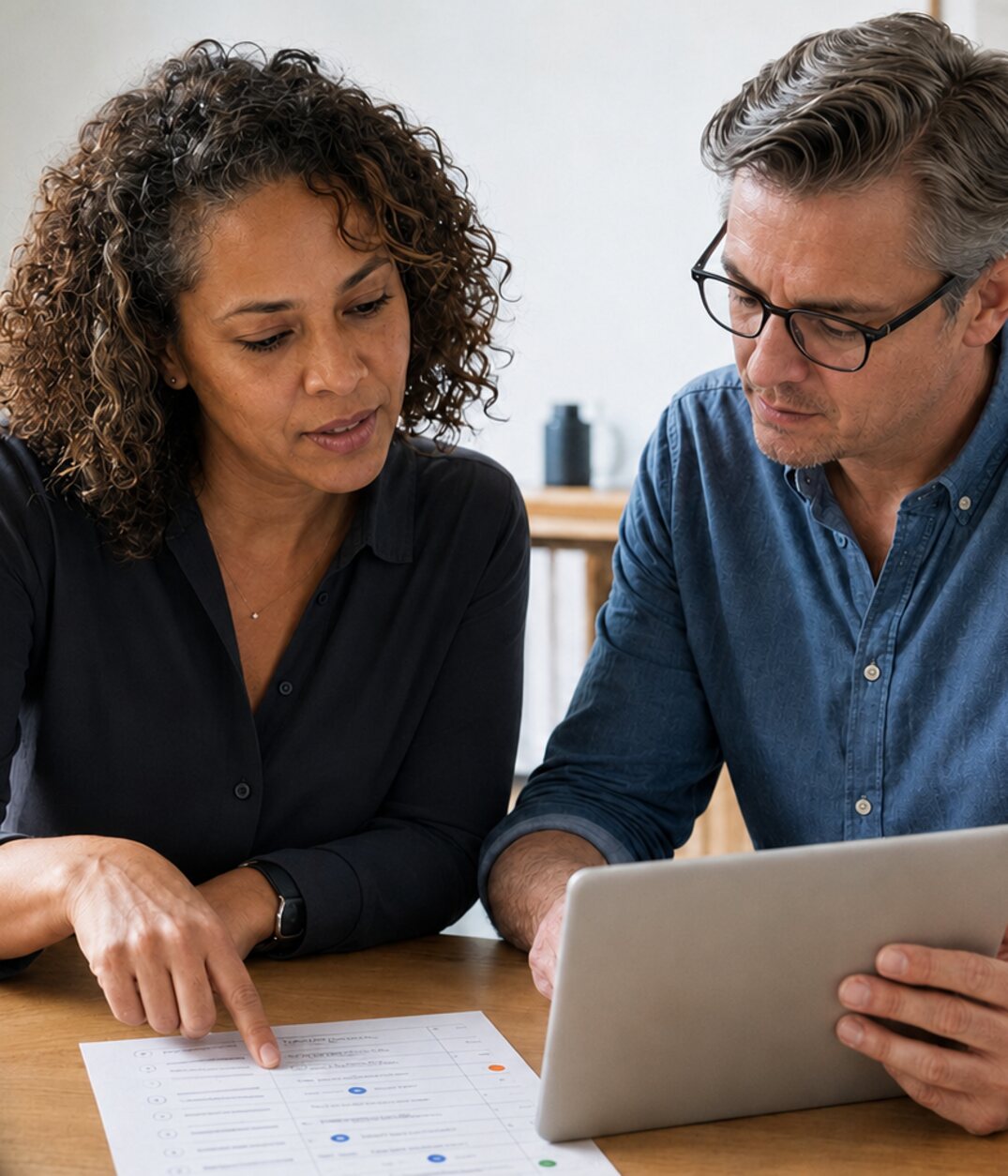 Two colleagues review a tablet and an eight-stage admissions workflow workbook together.