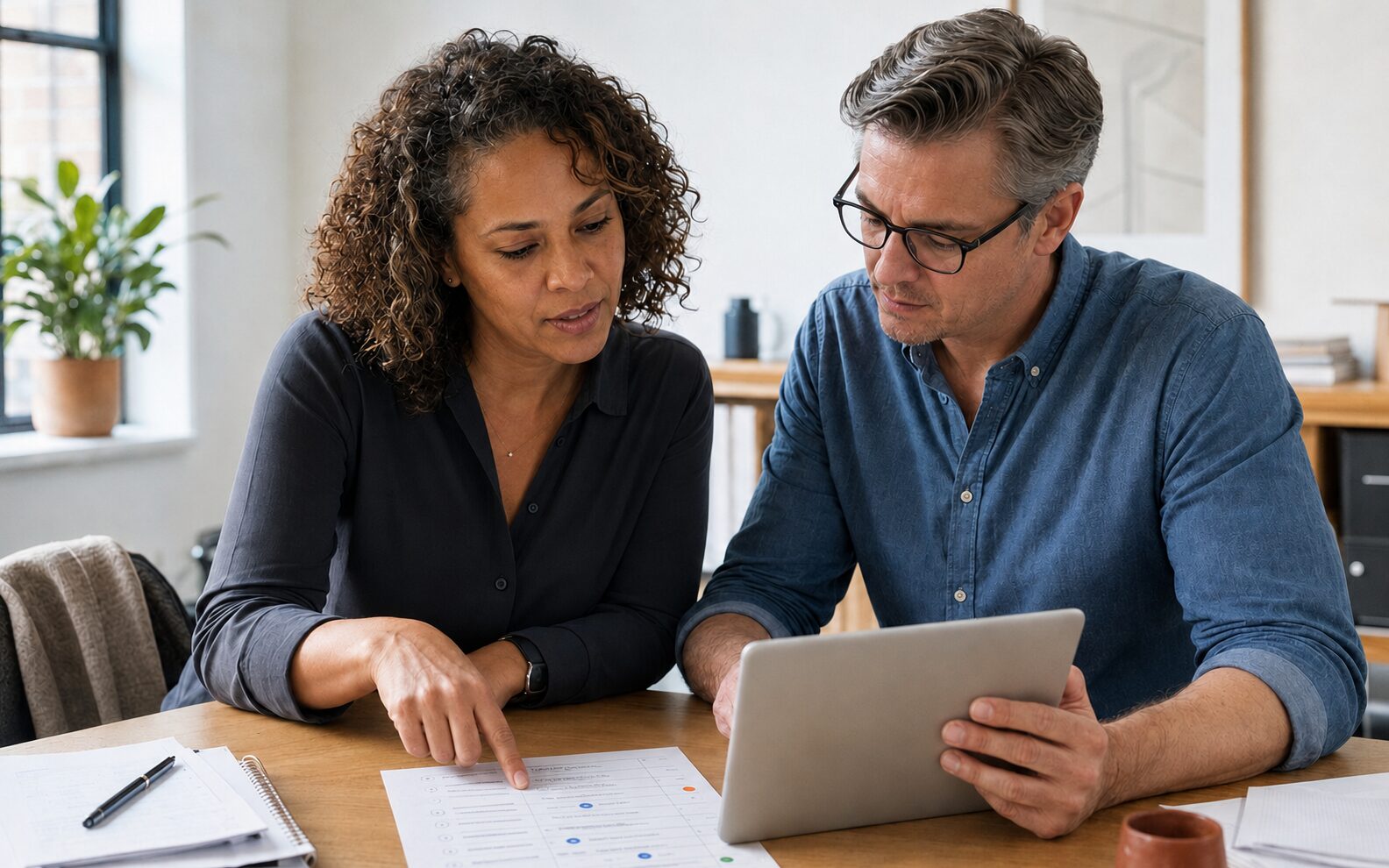Two colleagues review a tablet and an eight-stage admissions workflow workbook together.