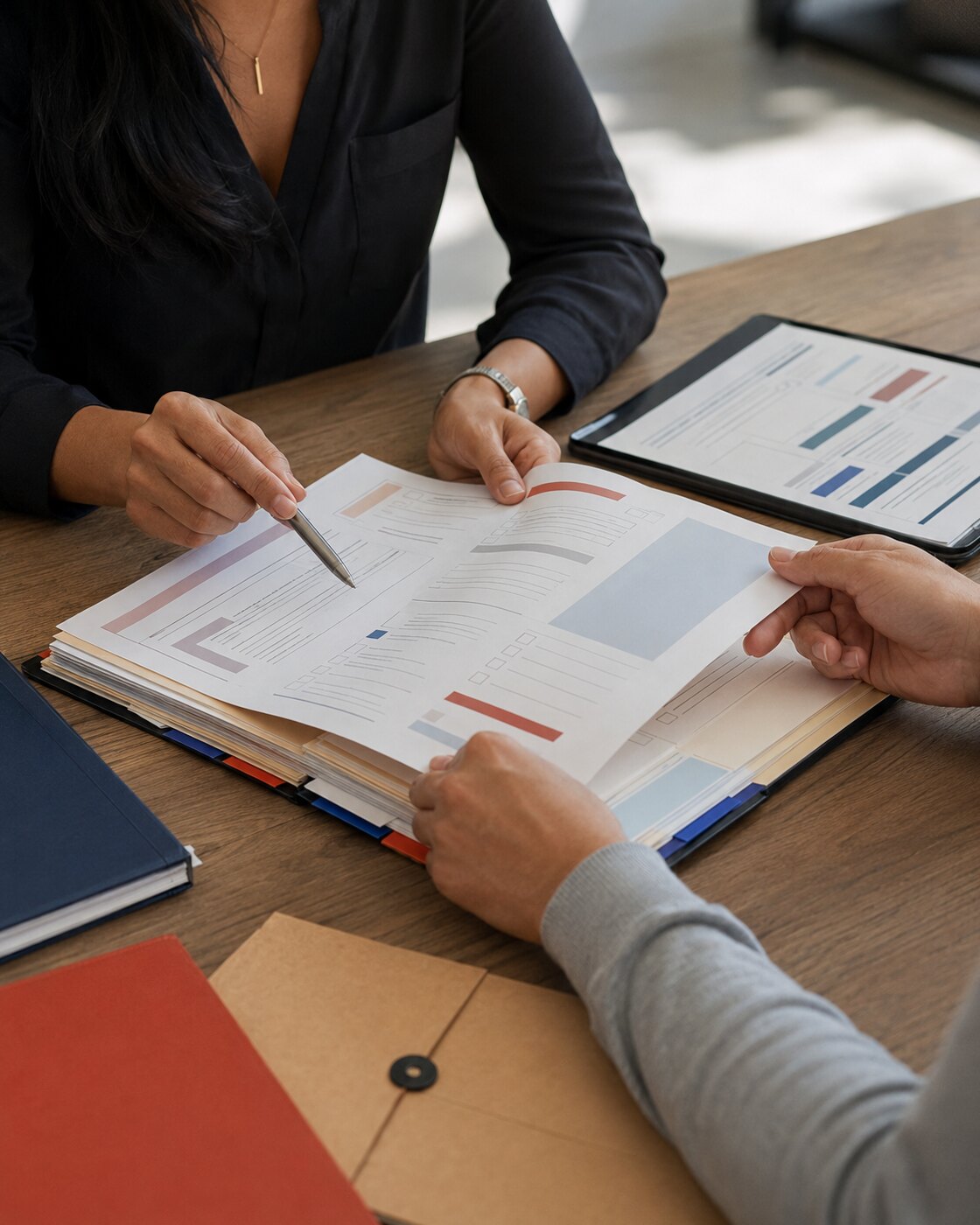 Two people reviewing an application and supporting materials.