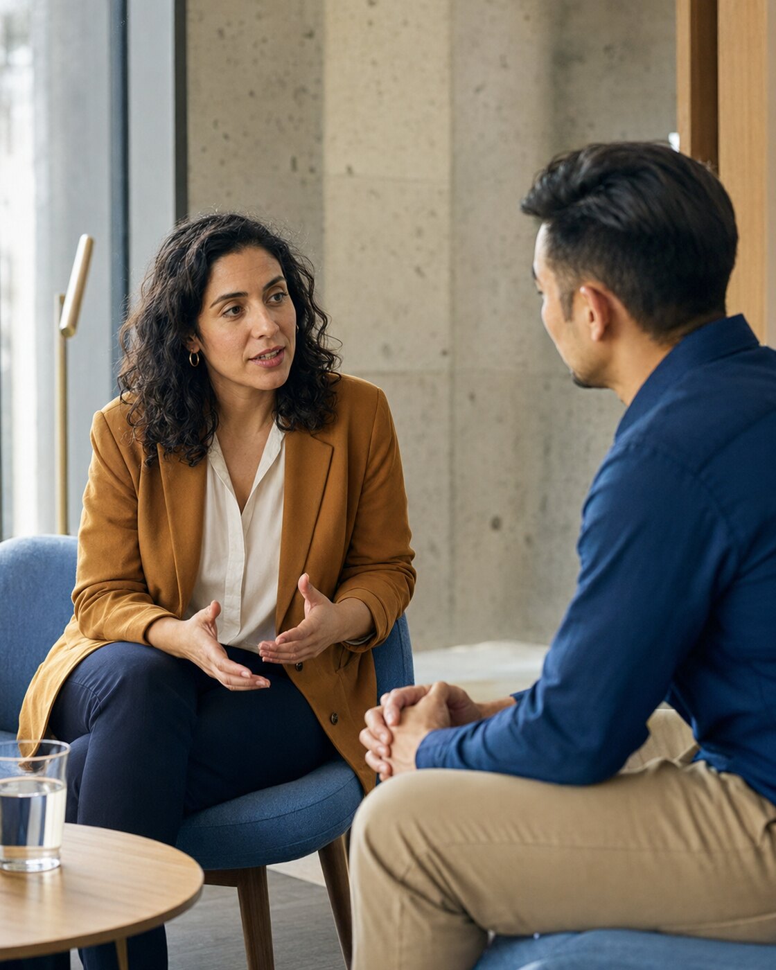 Two adults in a focused admissions conversation.