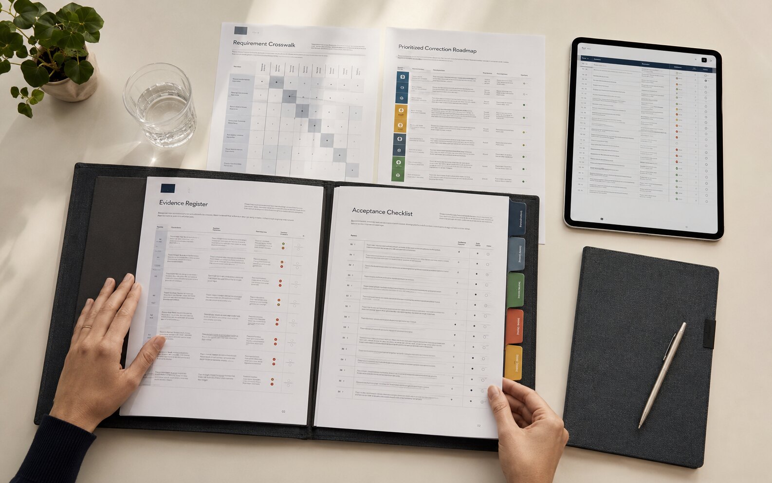 An abstract audit report arranged as a requirement crosswalk, prioritized correction roadmap, evidence register, and acceptance checklist.
