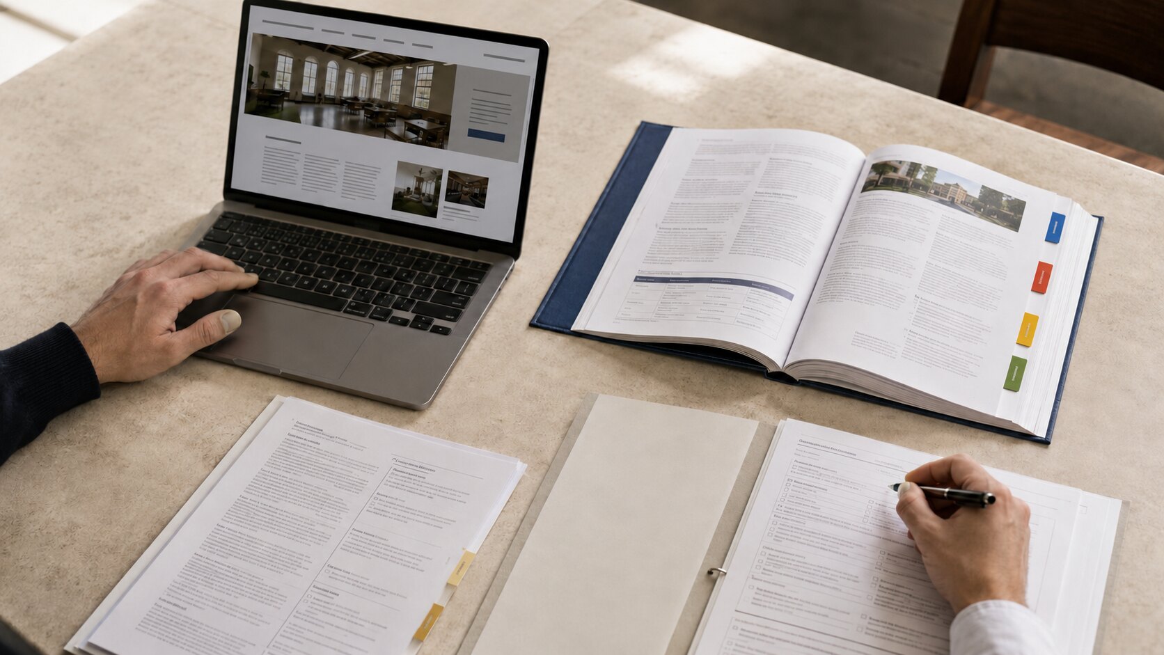 Two people compare an anonymous school website, a catalog, and blank document checklists on a worktable.