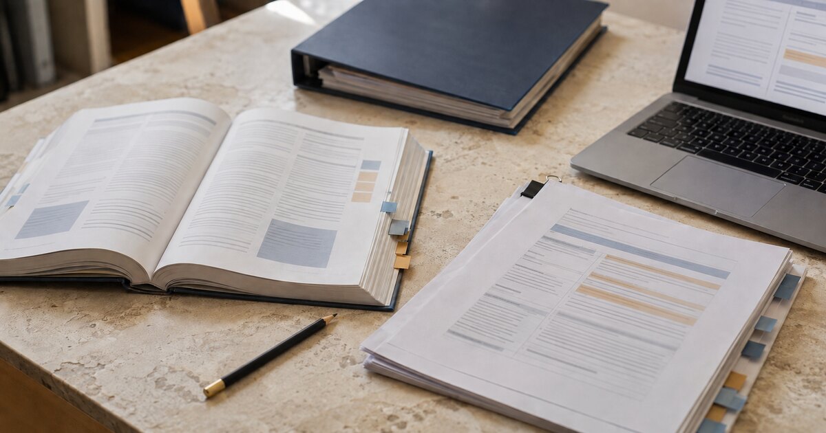 An open institutional catalog and revision packet arranged for comparison on a worktable.