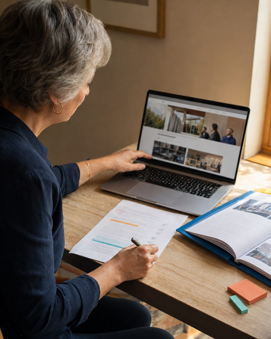 A readiness professional compares an unbranded school website with a marked review sheet and open catalog.