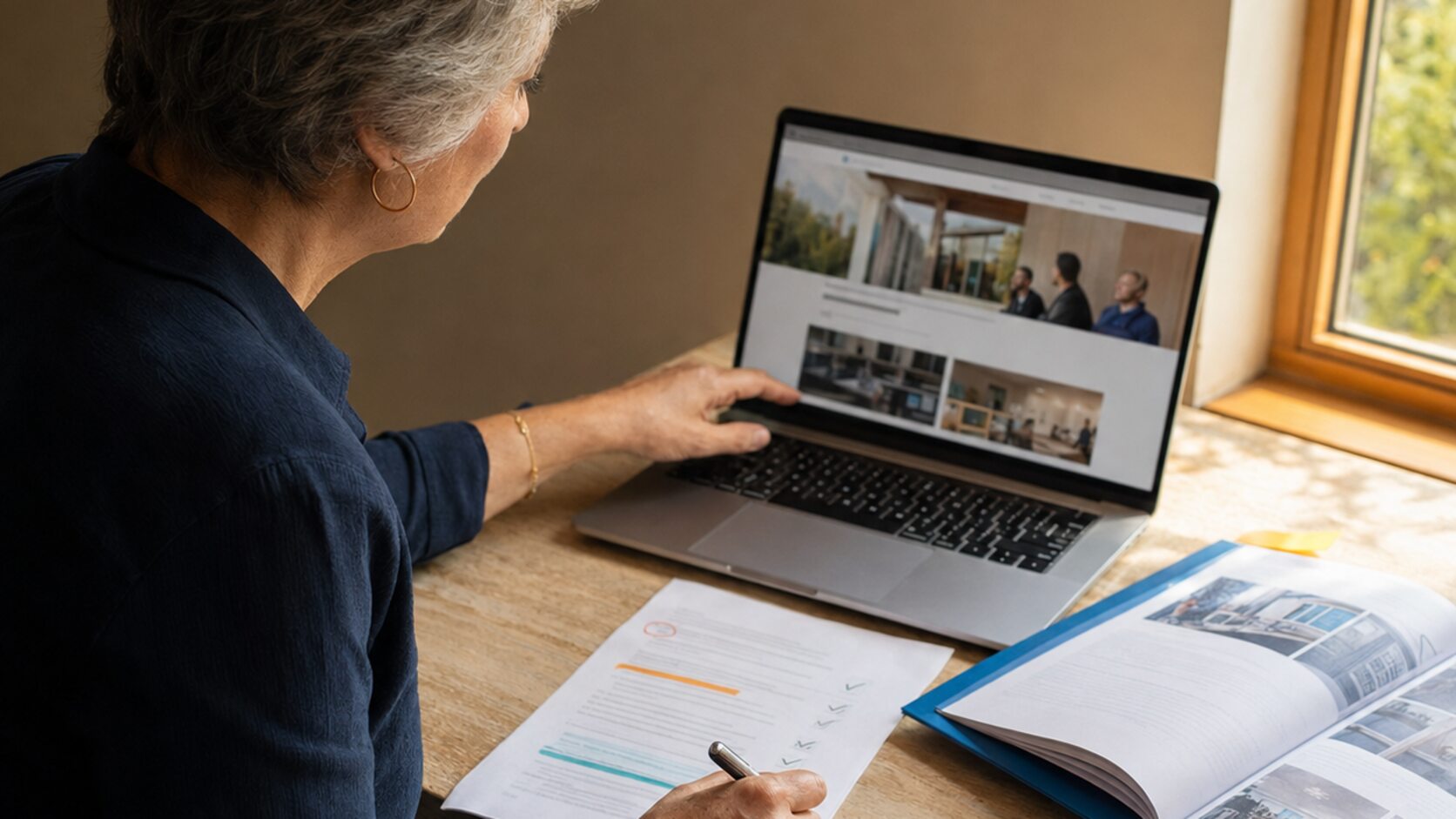 A readiness professional compares an unbranded school website with a marked review sheet and open catalog.