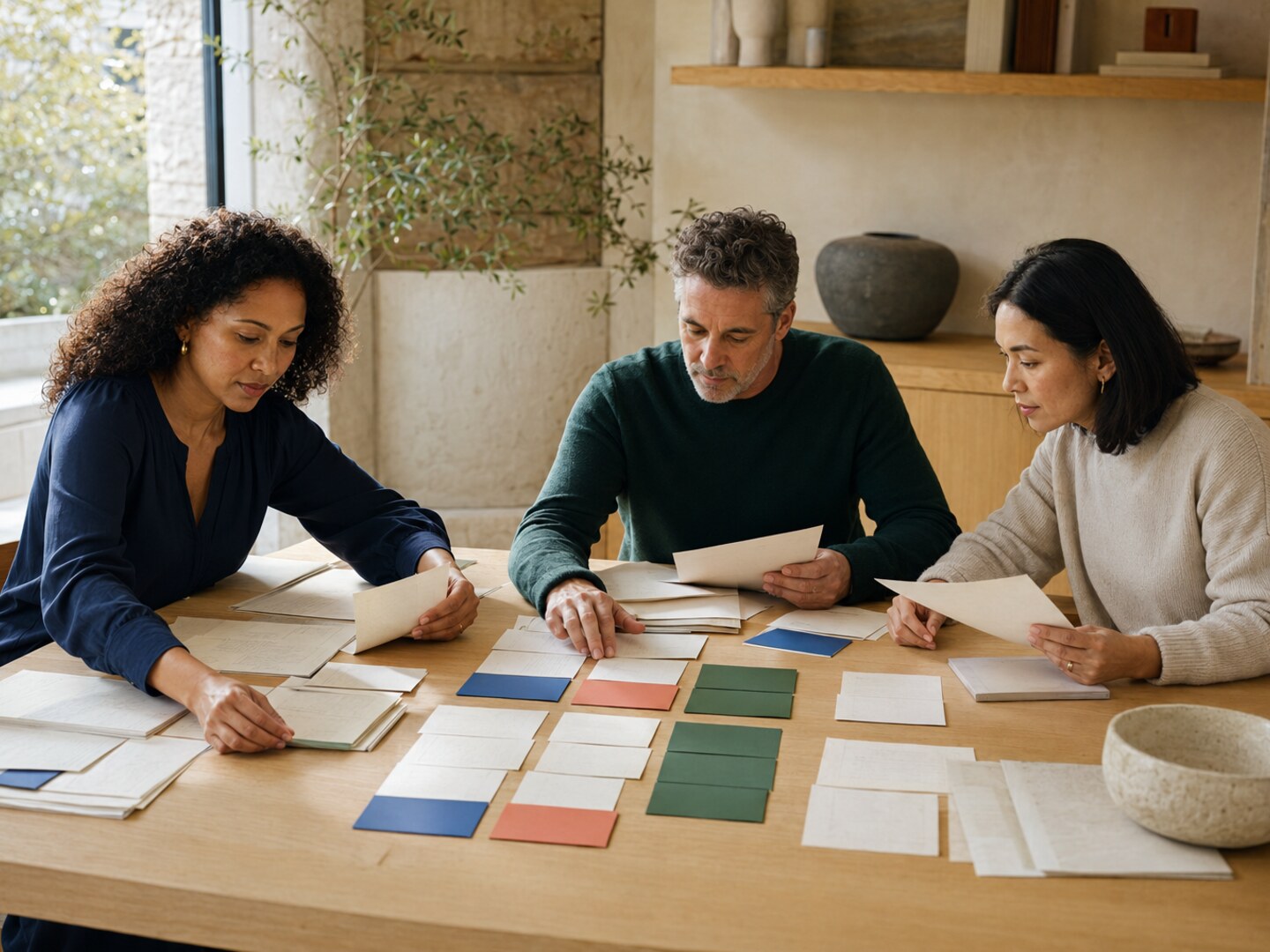 Three experienced adults compare unlabeled paper records and colored cards in an AI-generated editorial scene.