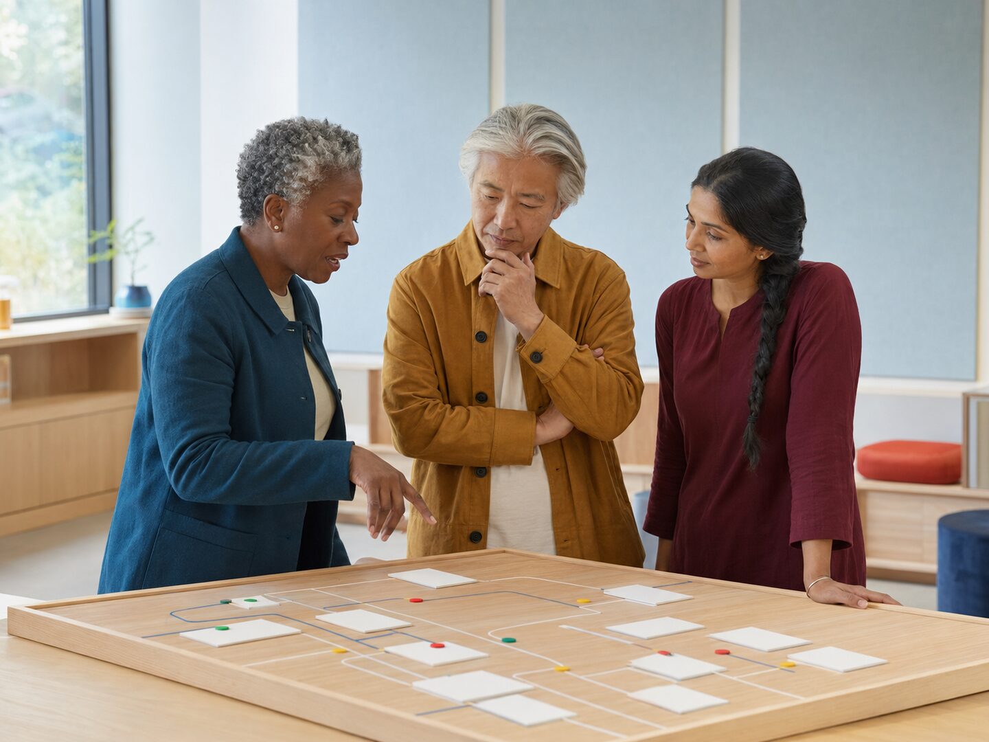 Experienced operators review an abstract operating-control board in an AI-generated editorial scene.