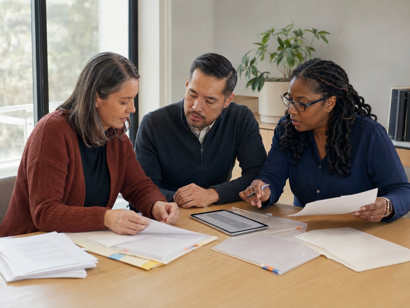 Three adults organize abstract records-readiness materials in an AI-generated editorial scene.