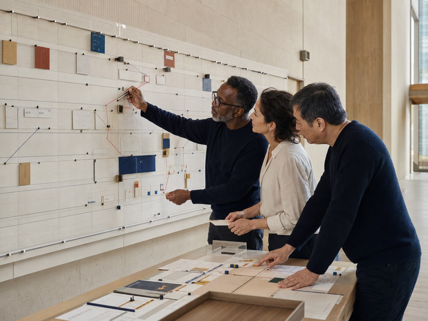Three experienced adults review a tactile cohort-planning surface in an AI-generated editorial scene.