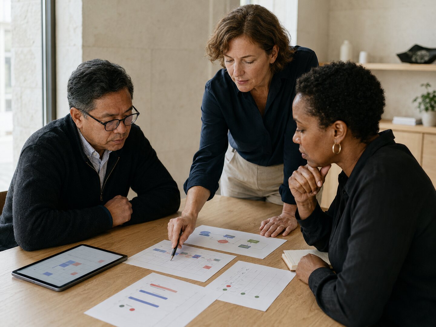 Three experienced adults review abstract attendance and workflow materials in an AI-generated editorial scene.