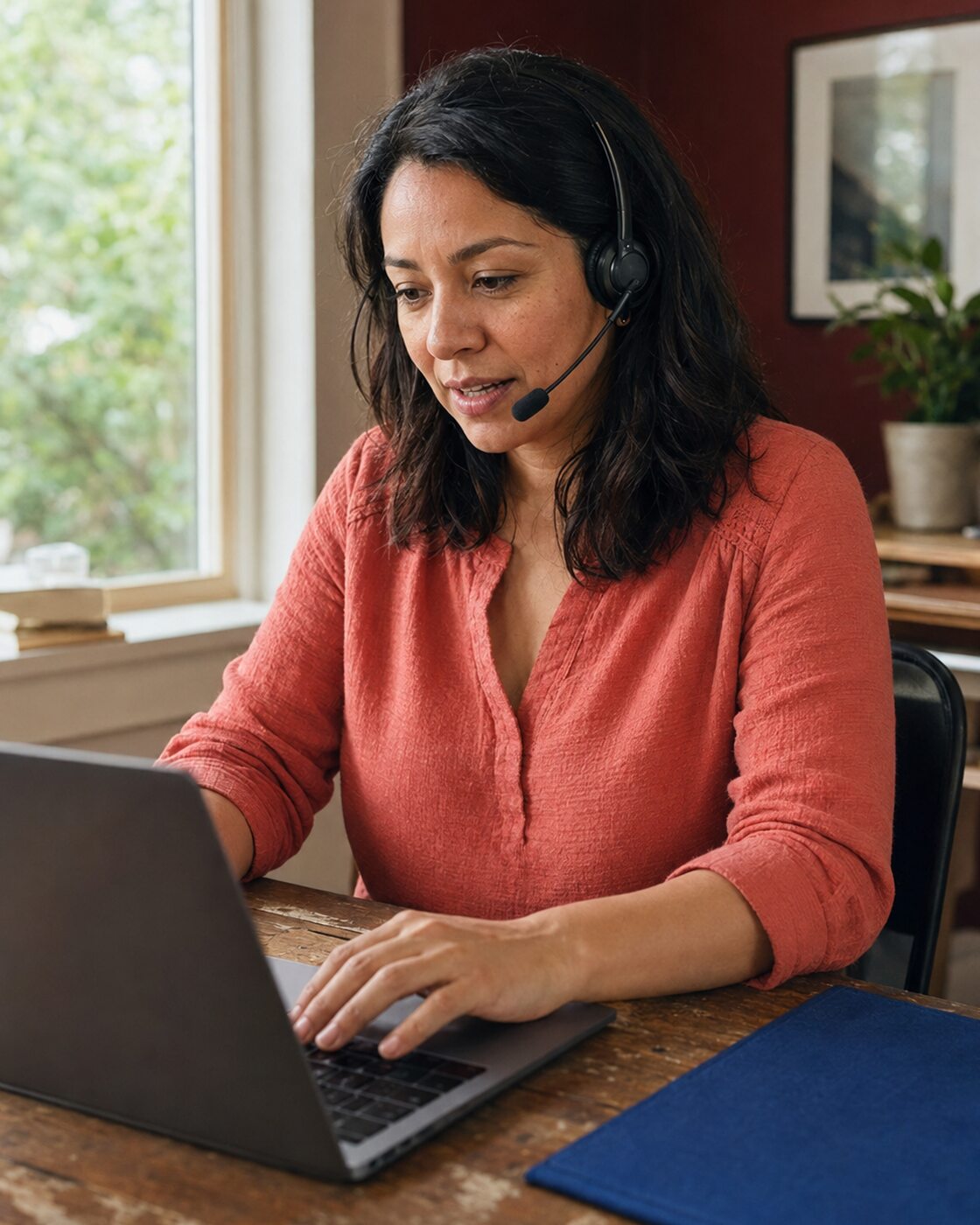 A person wearing a headset works at a laptop.