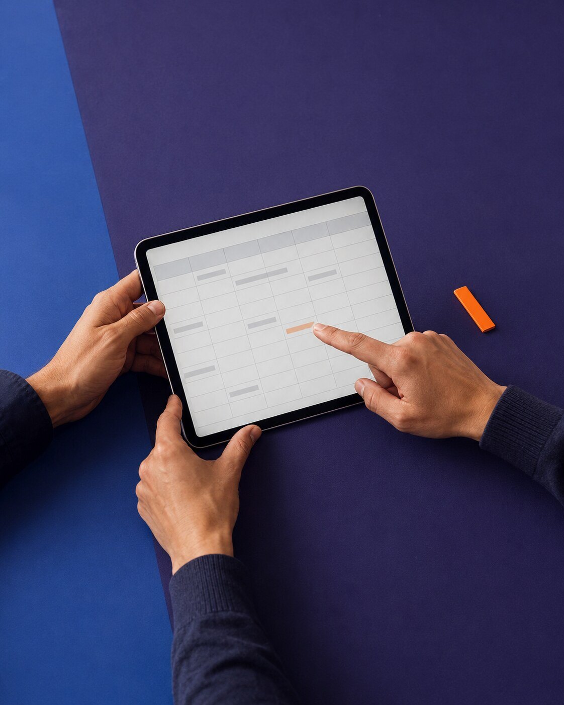 AI-generated editorial image of hands reviewing an illustrative reporting worksheet on a tablet. No client or student data is shown.