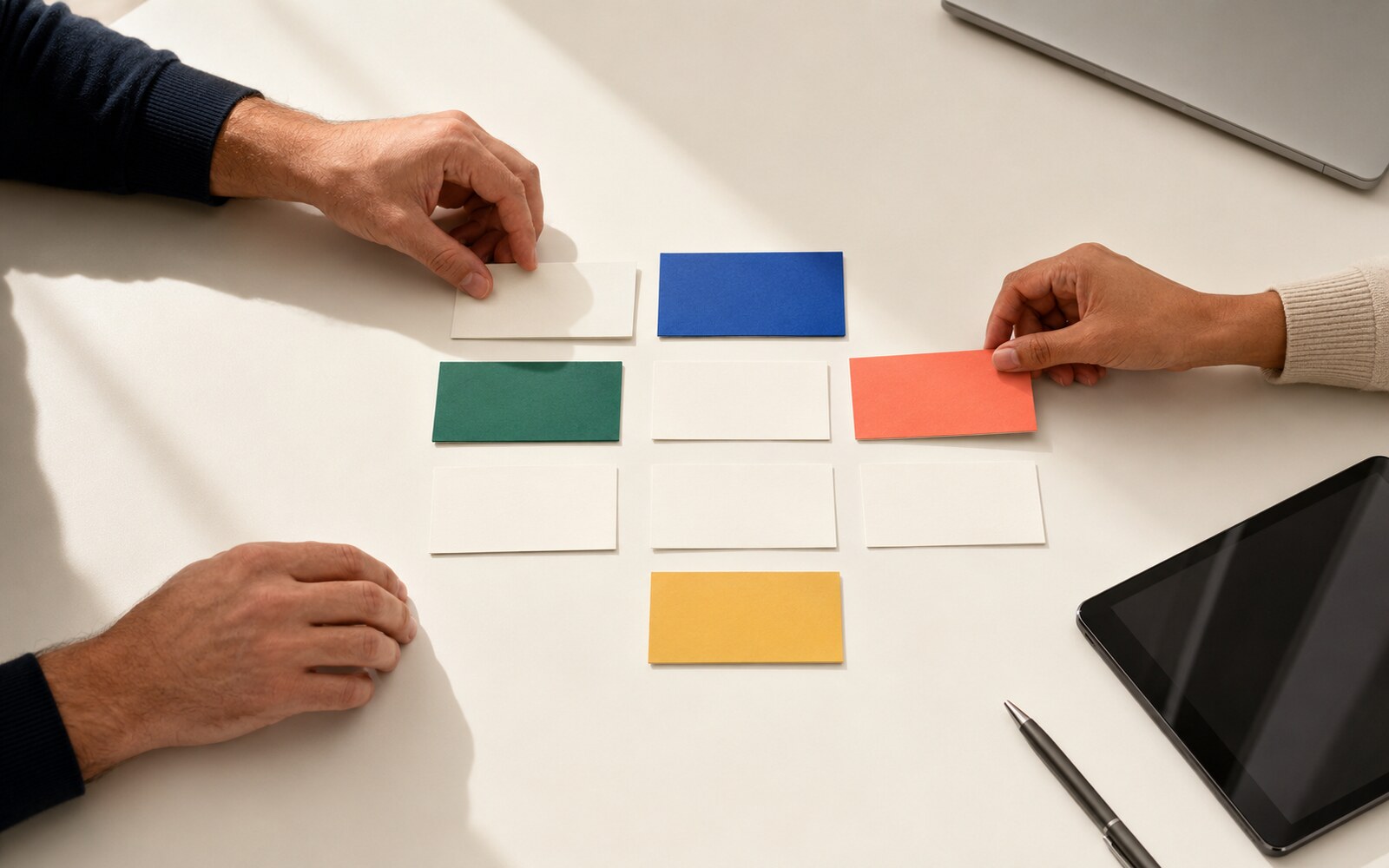 AI-generated editorial image of two adults mapping a workflow. It does not depict client work.