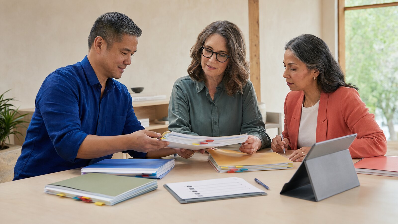 Three adults sit at a table covered with color-coded folders and abstract paper records in a warm office.