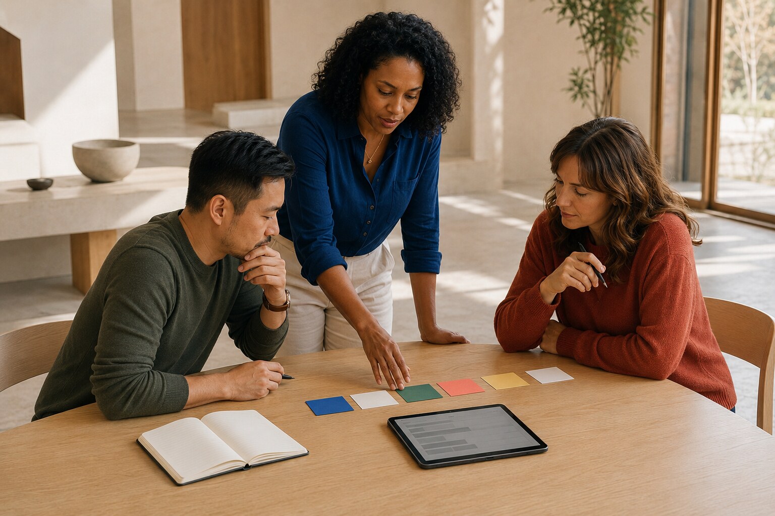 Three adults coordinate an enrollment process using paper cards, a tablet, and a notebook.