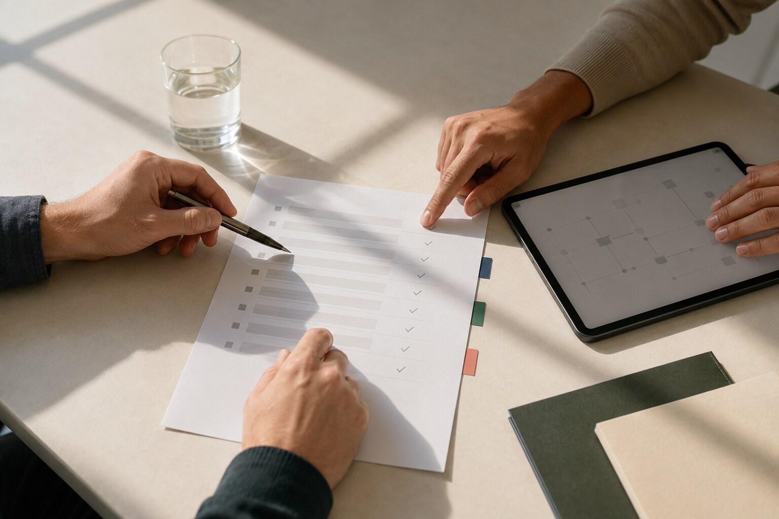 Hands review an abstract implementation checklist, color-coded tabs, and a tablet.