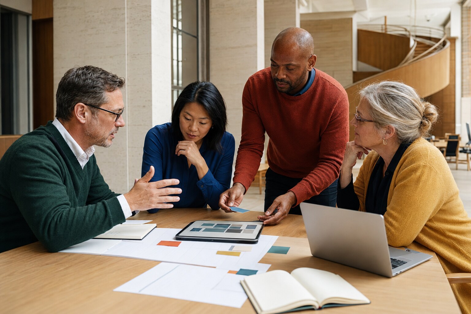 Four adults coordinate a complex operating architecture using paper plans, color-coded cards, a tablet, and a laptop.