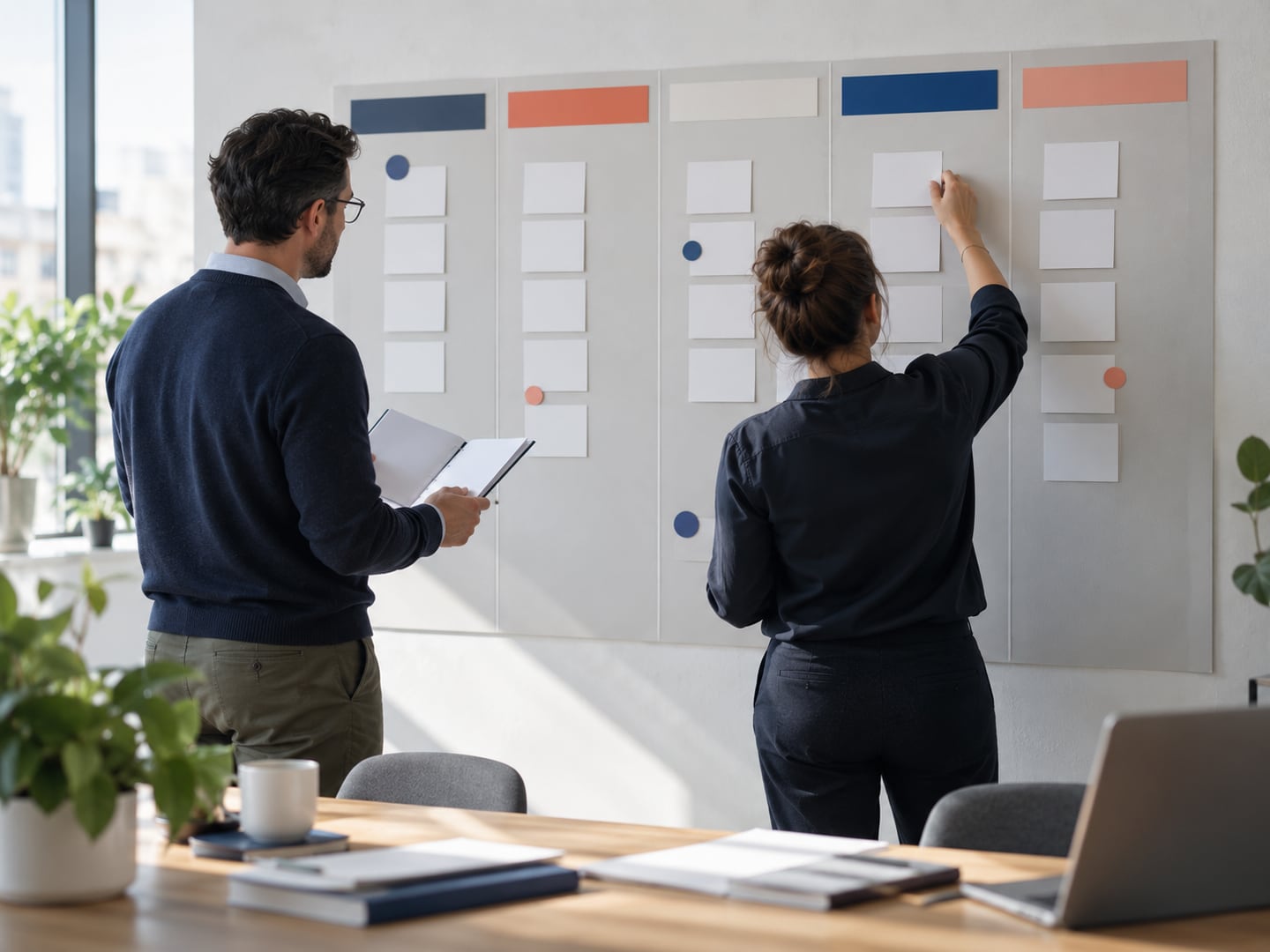 Illustrative operations leaders arranging responsibilities across a shared planning board.