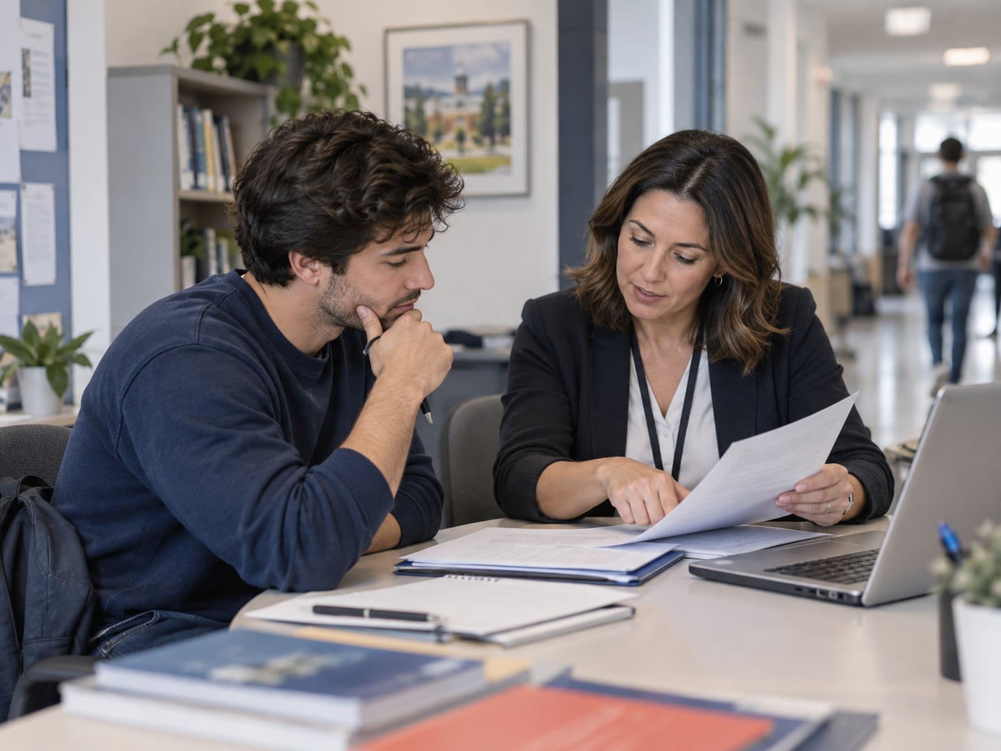 Illustrative admissions consultation with an adult student and advisor reviewing an enrollment packet.