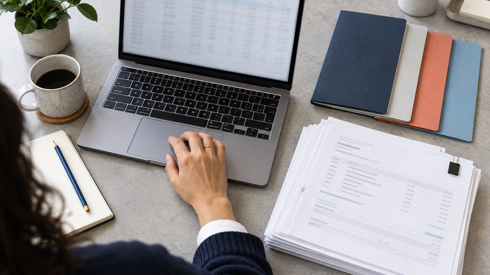 Illustrative reporting workspace with a spreadsheet, transaction records, and program folders.