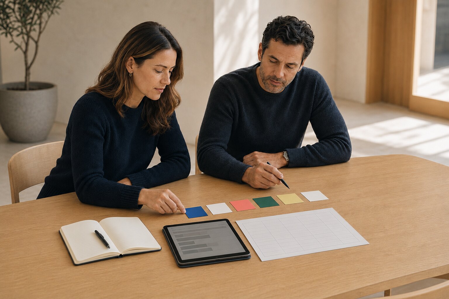 Two adults organize a focused set of process materials beside a tablet and notebook.