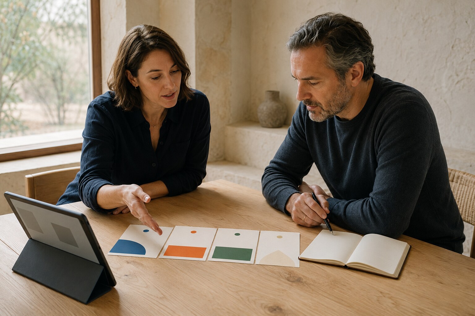 Two adults work through a structured onboarding plan together at a table.