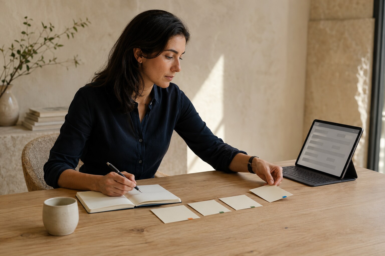 An adult reviews an organized queue of operating priorities beside a tablet with keyboard and notebook.
